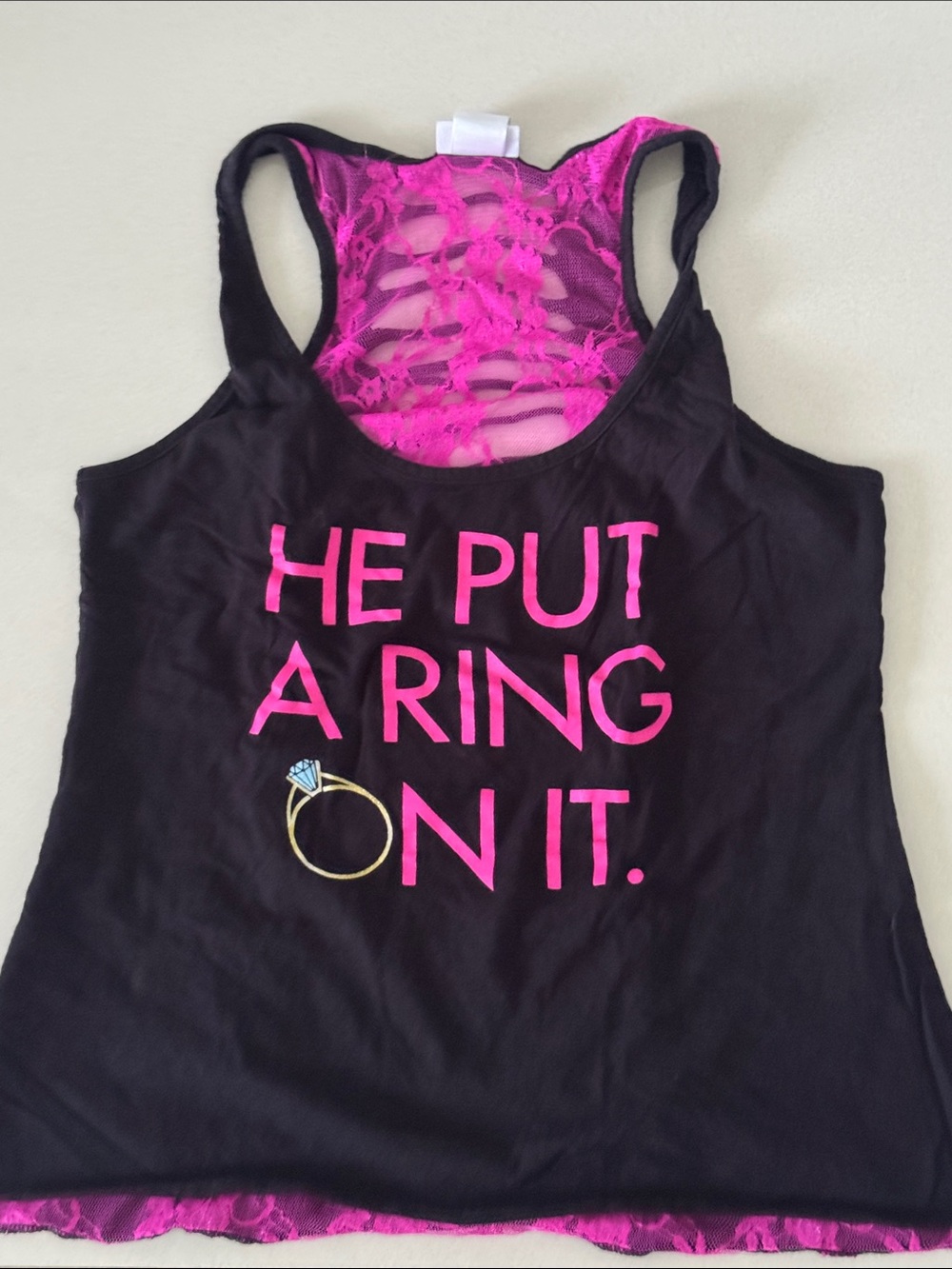 Spencer's Black Tank Top with Hot Pink Lettering and Lace Back